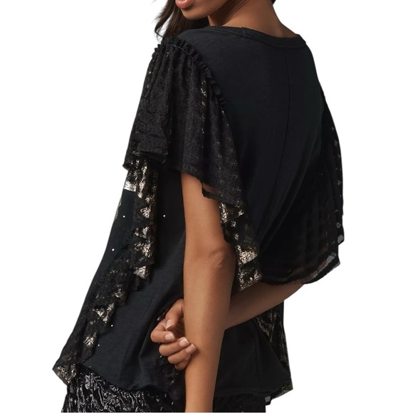 Pilcro Women’s Size XS Black Golden Hour Solstice Butterfly Lace Trim T-Shirt - Picture 4 of 10